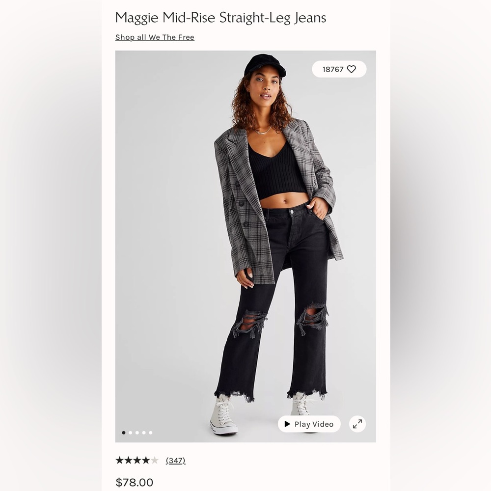 Free People Maggie Mid-Rise Jeans. Size 27. Color: Washed Black